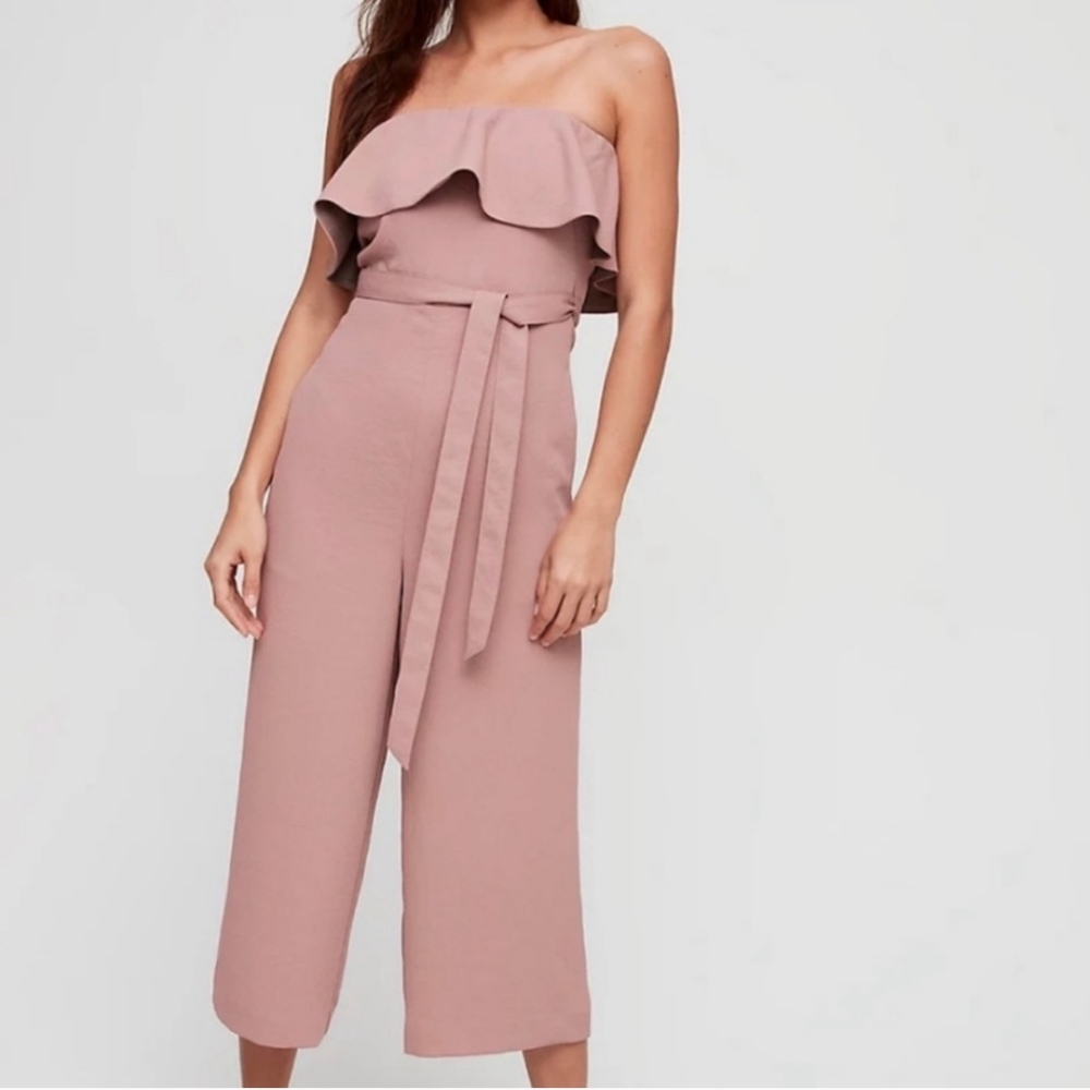 Babaton Pink Strapless Tie Waist Flutter Cropped Leg Jumpsuit Pockets Size 6